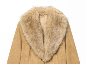 Detail of the soft faux fur collar and suede texture on the tan fashion coat