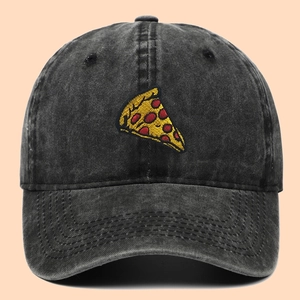 Washed black cotton baseball cap with pizza slice embroidery and curved brim