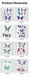 Close-up of eight butterfly wing and floral temporary tattoo stickers with gradient colors
