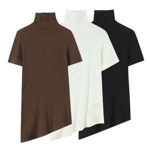 Asymmetrical Irregular Hem Women T-Shirt Mock Neck Short Sleeve Solid Color Slim Fit Polyester Knit Top Streetwear