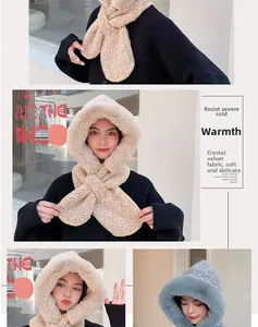 Detail of plush hooded scarf in apricot and grey with soft faux fur trim and velvet texture