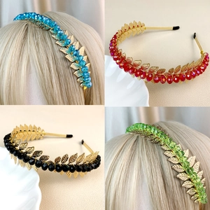 Gold Leaf Headband With Crystal Beads Vintage Crown Hair Hoop Handmade Party Accessories For Women