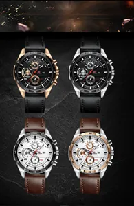 Matrix layout of four waterproof chronograph quartz watches with leather straps and date