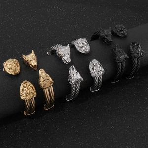 Punk style lion and wolf head wire cable bracelets in gold, silver, and black finish