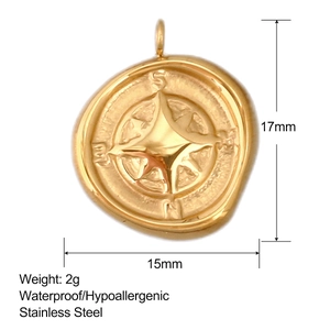 Detailed specs of golden compass pendant in stainless steel with size and weight info