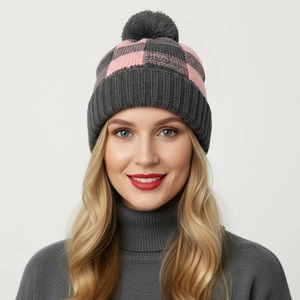 Women's pink and grey plaid knit beanie with pom pom and thick ribbed cuff detail
