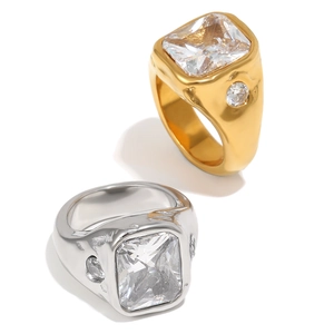 18K gold and silver chunky stainless steel rings with rectangular cubic zirconia