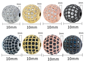 Detailed view of 10mm micro-pave cubic zirconia beads with 2mm hole for DIY jewelry making