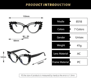 Detailed size chart for oversized rhinestone glasses showing frame and lens dimensions