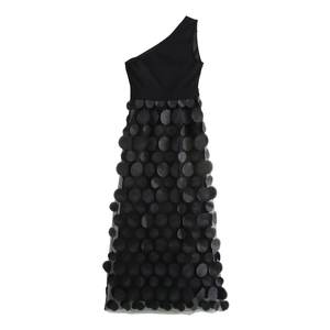 Abito lungo nero sexy monospalla con decorazioni floreali 3D in rete per donna
