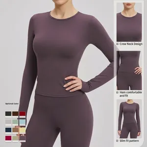 Deep purple long sleeve yoga top with brushed finish and slim fit for women fitness