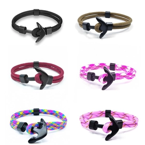 Red and multicolored anchor braided rope bracelets with black metal clasp for couples