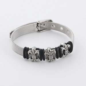 Silver stainless steel mesh bracelet featuring three fleur-de-lis charms and a watch buckle