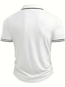Rear view of white knit polo shirt featuring contrast striped collar and ribbed texture