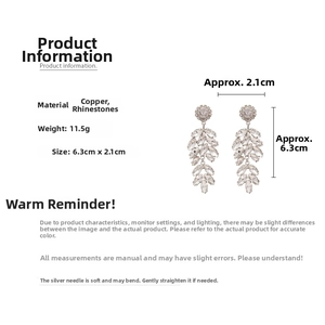 Détails de boucles d'oreilles feuilles en strass avec mesures précises de 6,3 cm