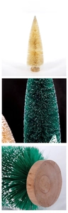 Vertical detail of sisal bottle brush Christmas trees with snow effect and wood base