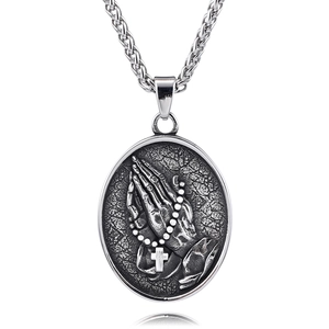 Vintage stainless steel oval pendant with praying hands and cross on woven chain