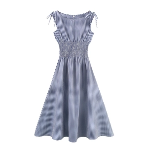 Women Gingham Plaid Midi Dress Polyester Tie Shoulder Strap Smocked Elastic Waist A Line Elegant Vacation Sleeveless