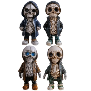 Set of four resin skeleton figurines in stylish streetwear for Halloween decor