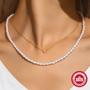 Double-layered S925 sterling silver necklace with zircon pendant and elegant white pearls