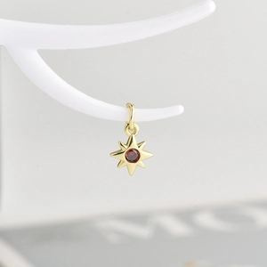 Minimalist gold eight-pointed star pendant with red gemstone on a white branch