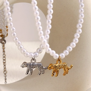 Leopard Tiger Pendant Necklace With Imitation Artificial Pearl Stainless Steel 18K Gold Plated Elegant Jewelry Gift For Women