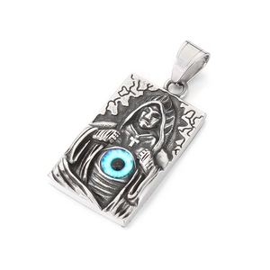 Gothic silver-toned rectangle pendant with grim reaper holding a vivid blue evil eye