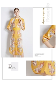Detail of ginger floral dress featuring shirt collar, button front and cinched waist belt