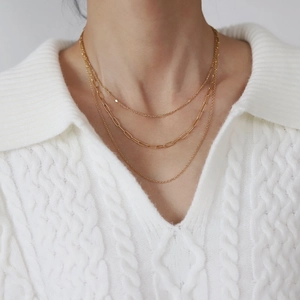 Minimalist Multi Layered Necklace Gold Plated Titanium Steel Paperclip And Bead Chain For Women