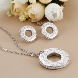 Silver stainless steel MOM necklace and earring set with white rhinestones and figures