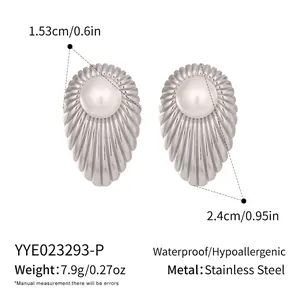 Silver stainless steel shell-shaped earrings with white pearls in 1.53cm by 2.4cm size