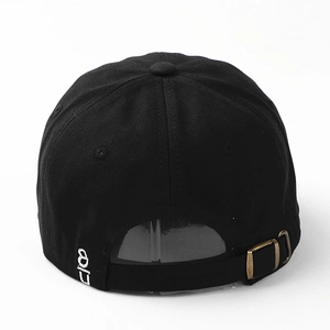 Rear view of black cotton baseball cap with adjustable metal buckle and logo embroidery