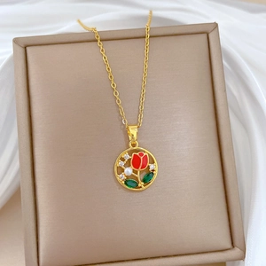 Elegant gold titanium steel necklace with red enamel rose, pearl and diamonds on white silk