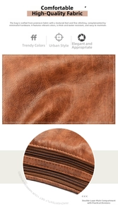 Detail of waterproof brown leather handbag with dual-zipper structure and fine stitching