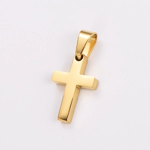 Detailed close-up of a polished gold cross pendant on a minimalist square pearl chain