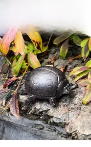 Detailed close-up of a vintage cast iron ladybug key storage box on a natural rock surface