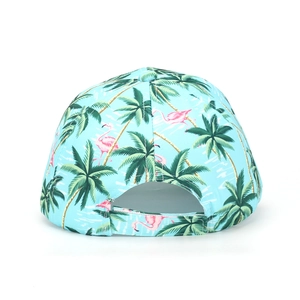 Detail of adjustable hook-and-loop strap on tropical palm and flamingo print baseball cap