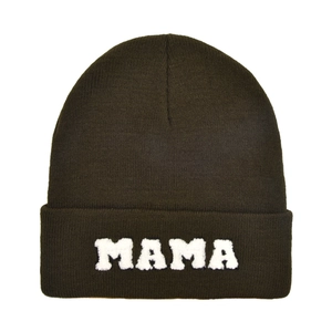 Close-up of MAMA towel embroidery on dark olive green knit beanie hat for winter