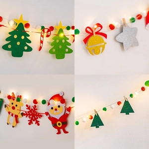 Felt Christmas banner with trees, reindeer, and LED string lights for festive holiday decor