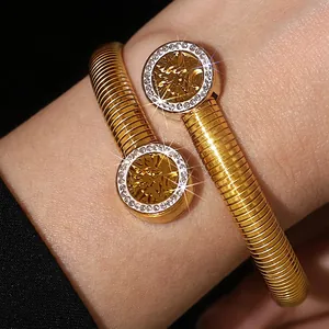 Titanium Steel Tree Of Life Open Bangle For Women Rhinestone Spiral Texture Gold Silver Adjustable Cuff Bracelet Jewelry