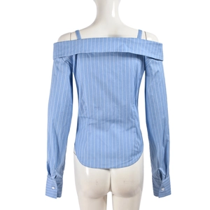 Back view of off-shoulder blue and white striped long sleeve shirt with slim fit tailoring