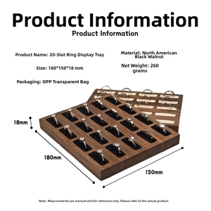 Top view of Black Walnut jewelry tray with 20 slots showing dimensions and material