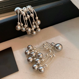 Elegant French vintage silver tassel pearl earrings with glossy gray pearl droplets
