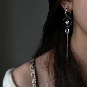 Elegant silver long tassel drop earrings featuring sparkling zircon and geometric circles