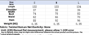 Detailed size chart for mesh stitching maxi dress including S, M, L dimensions