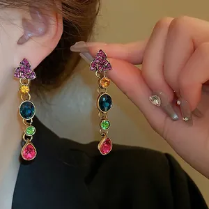 Elegant vintage gold drop earrings with colorful crystals and teardrop pearls