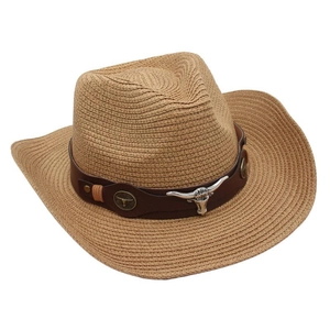 Detail of western straw hat featuring a dark brown leather band and silver bull head ornament