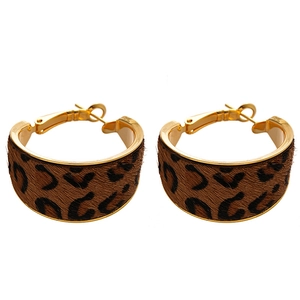 Leopard print flocked hoop earrings with gold metal accents and vintage aesthetic