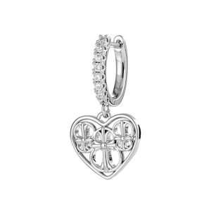 French vintage silver heart hoop earring with sparkling gems and cutout cross pendant