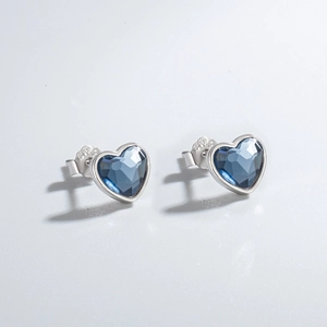 S925 sterling silver heart stud earrings with deep blue Austrian style crystals